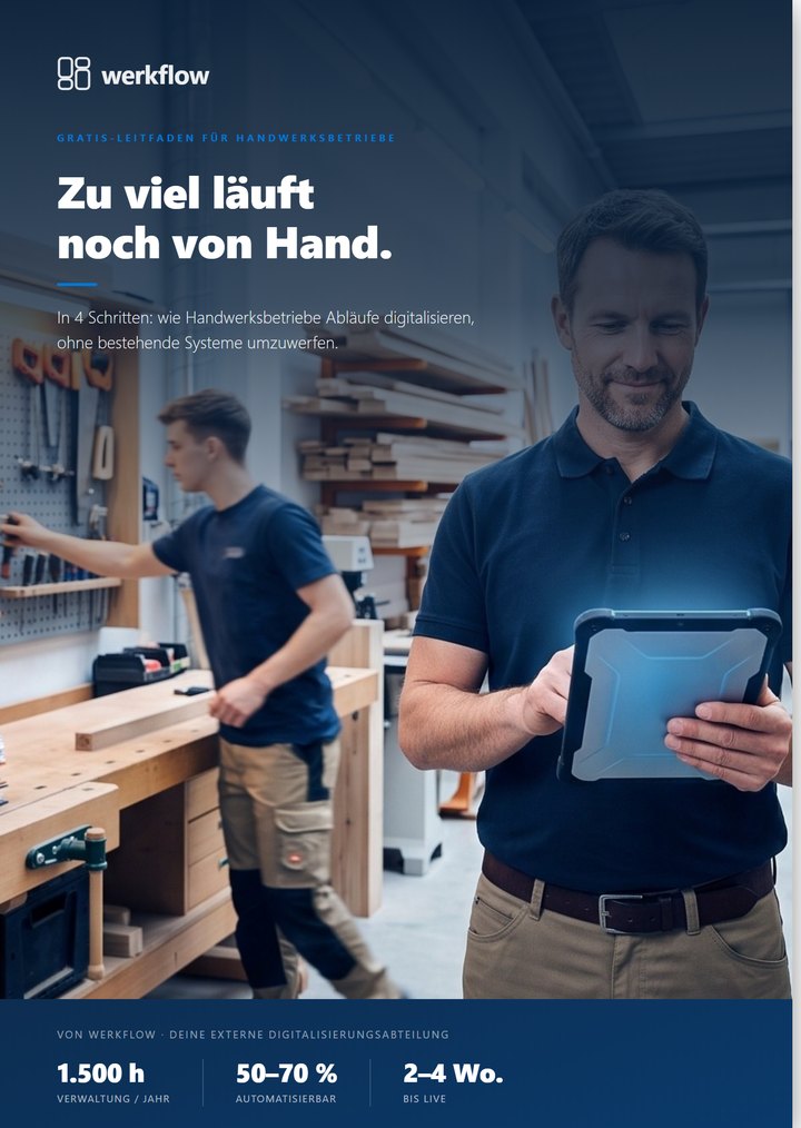 Titelseite des werkflow-Leitfadens: Zu viel läuft noch von Hand - in 4 Schritten Abläufe digitalisieren