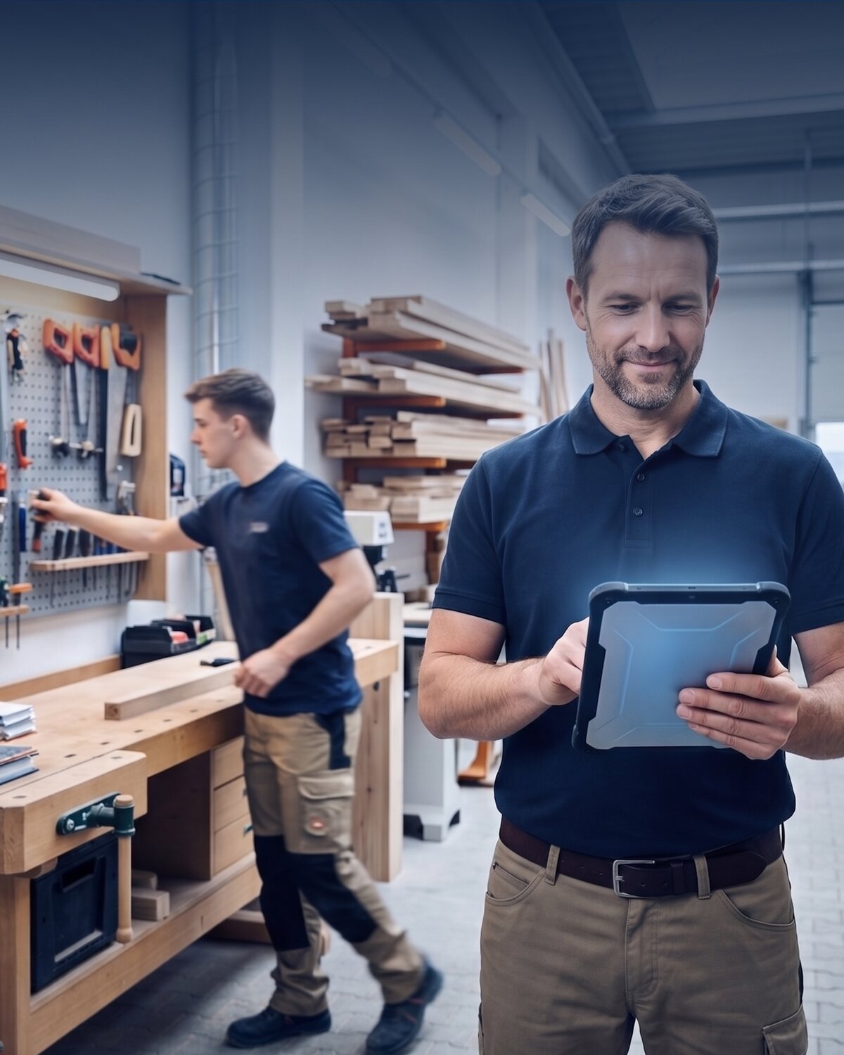Derselbe Betrieb mit werkflow: Der Chef steht mit dem Tablet in der Werkstatt, der Lehrling arbeitet an der Werkbank weiter